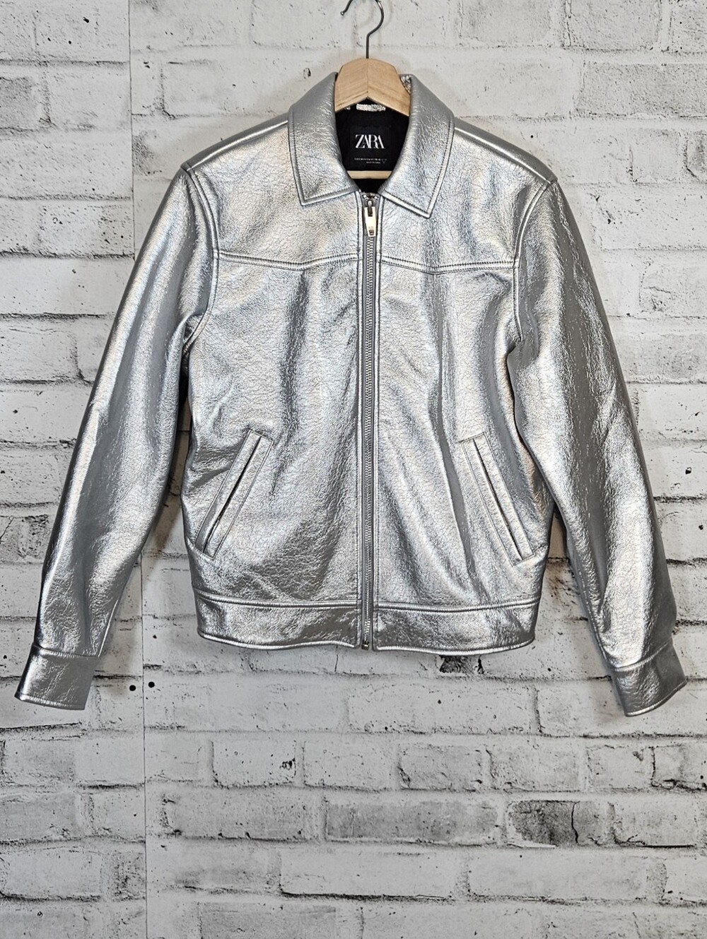 Zara Metallic Silver Faux Leather Moto Jacket Shacket Size S M